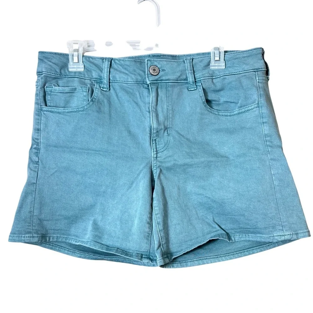 American Eagle Midi Shorts Womens 14 Teal Blue AEO Twill Super Stretch Chino - Picture 1 of 7